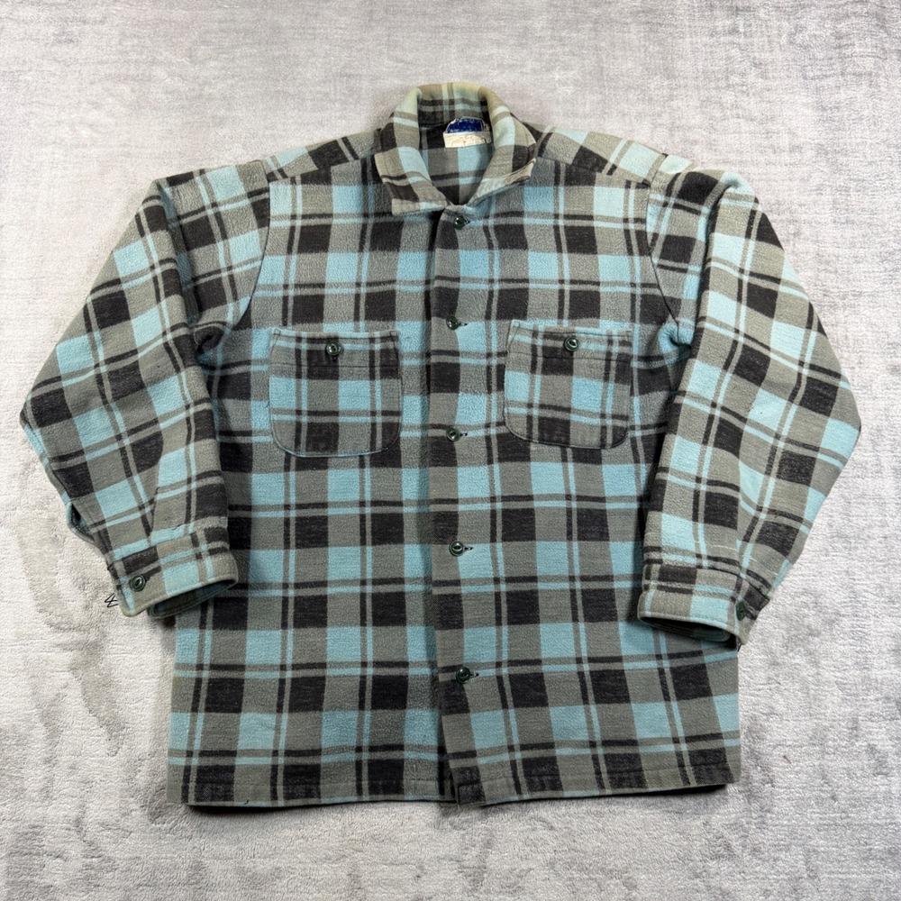 Champion Flannel Shirt Mens Medium Blue Plaid Vtg 70s Heavy Button Up Workwear